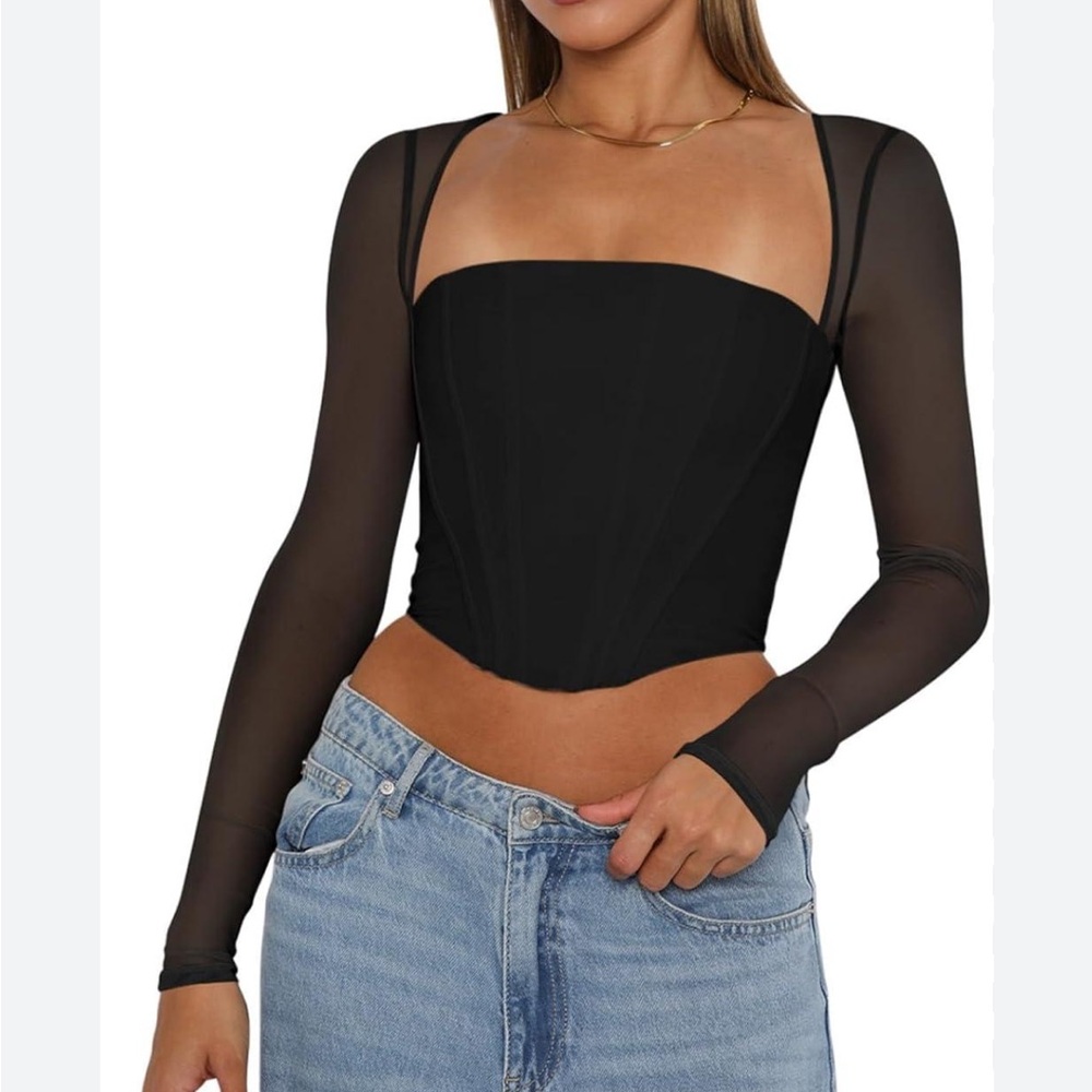 Reoria Corset Top Black Long Sleeve Mesh Sleeves Goth Indie Sleaze S